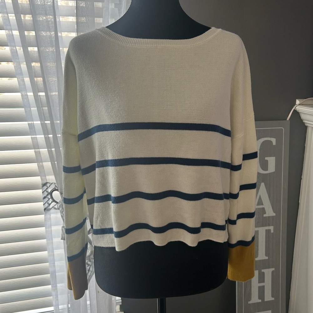 Poof Apparel Striped Sweater Cream Navy Mustard Size S - Picture 2 of 4